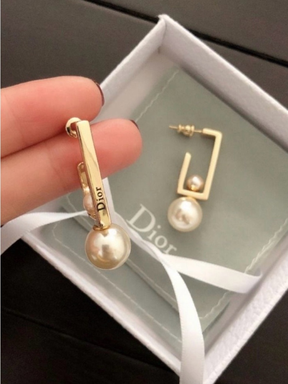 Christian Dior Logo Bar Pearl Drop Earrings Gold Tone